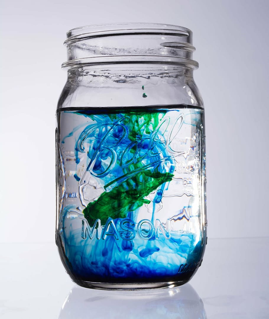 water, mason jar, blue, green, color, liquid, glass, jar, abstract, food coloring