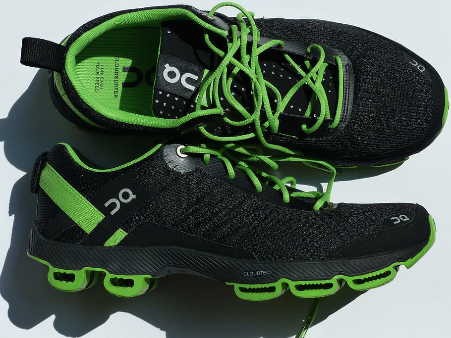 black-and-green shoes, sports shoes, running shoes, sneakers, marathon shoes, shoes, green, black, sport, run
