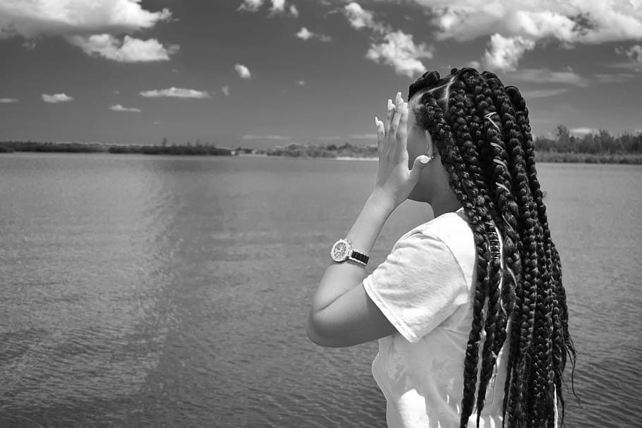 shy, woman, look, looking, covering face, braids, black, mixed, female, young