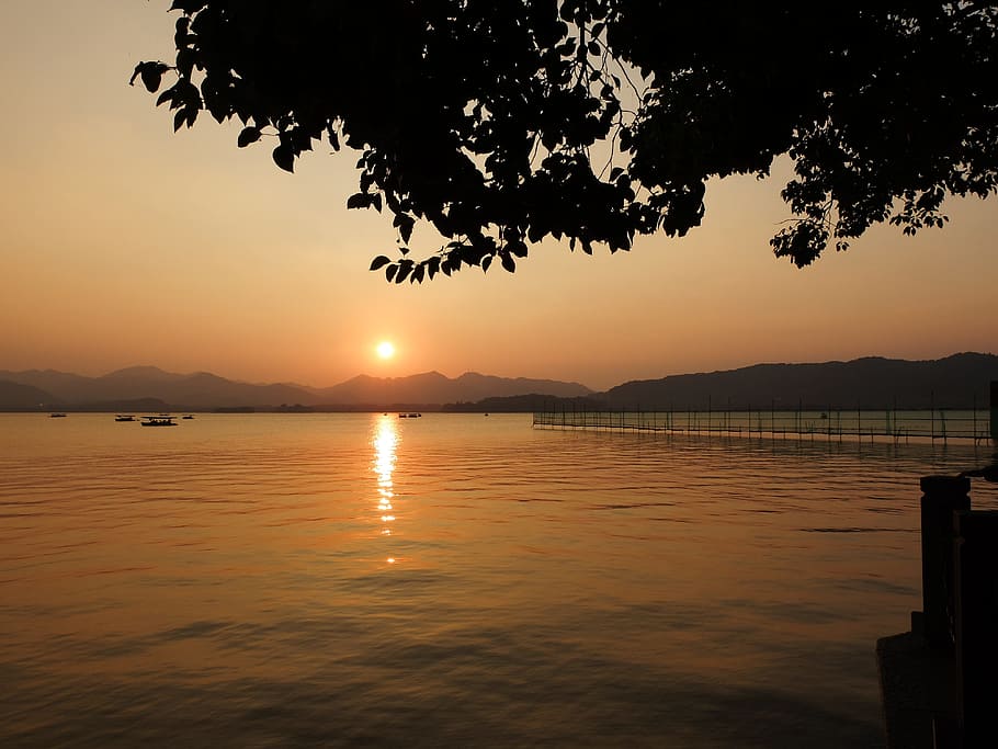 Sunset, Landscape, China Wind, Wind, Lake, lake, reflection, silhouette, scenics, tranquility, tranquil scene