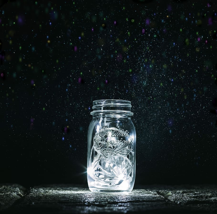 clear, mason jar, black, surface, jar, lights, fireflies, magic, night, glass - material