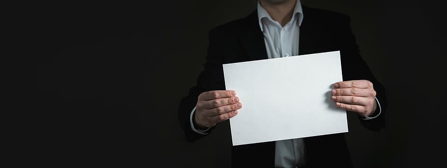 person, holding, white, blank, paper, hand, banner, business, card, man