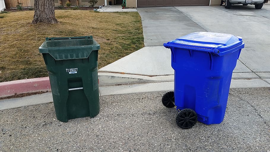Caught, axle, gymnastics, two, trash, bins, paved, road, garbage bin, garbage can