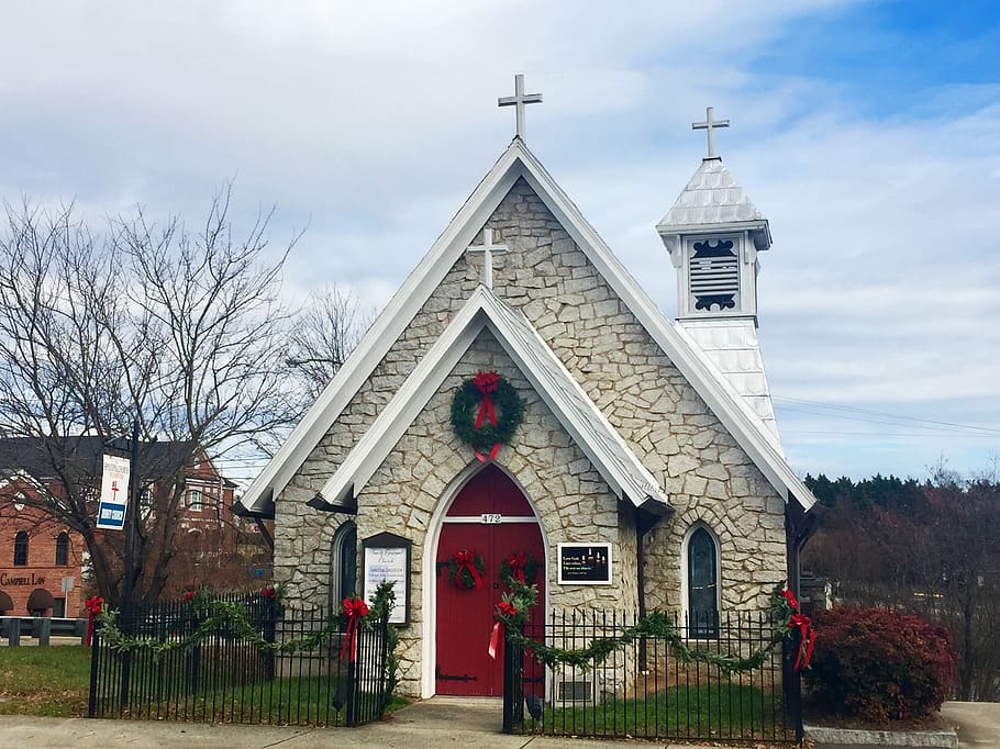 church, christmas, decoration, december, cross, season, tree, red, green, sky