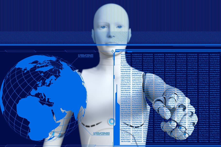 robot illustration, robot, cyborg, futuristic, android, cybernetics, intelligence, technology, internet, blue
