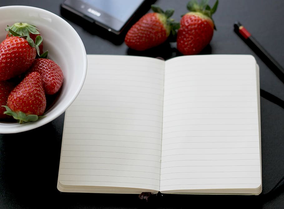 blanco, cuaderno, fresas, memo, nota, moleskine, lápiz, Comida, fruta, comida y bebida