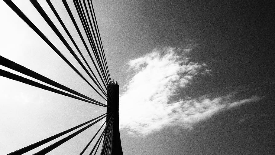 jembatan, jembatan gantung, baja, hitam dan putih, langit, awan - langit, tampilan sudut rendah, koneksi, Arsitektur, tidak ada orang