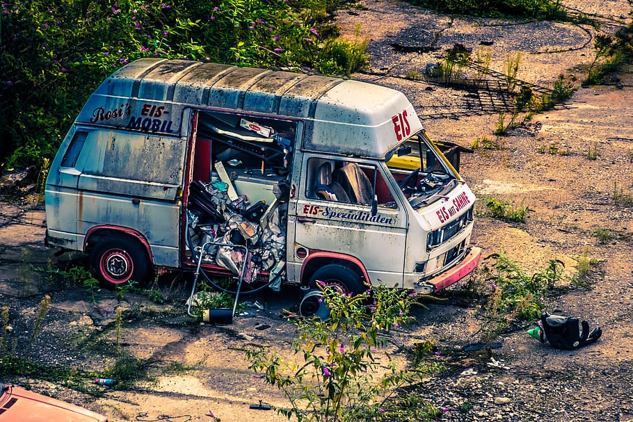 ice cream van, minibus, scrap, auto, broken, decay, lapsed, rots, vehicle, transport