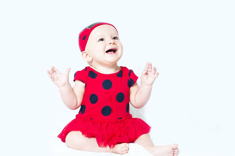 赤ちゃん, 赤, 黒, 水玉シャツのドレス, 肖像画, 子供, かわいい, 幸せ, 幼児, 女の子