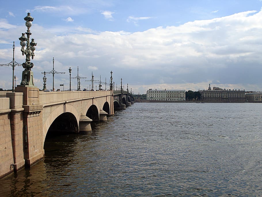 st petersburg russia, bridge, trinity bridge, river, neva, sky, clouds, quay, russia, water