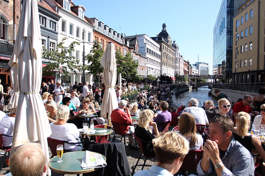people, sitting, chairs, canal, århus, city ​​life, creek, cafe, restaurant, river