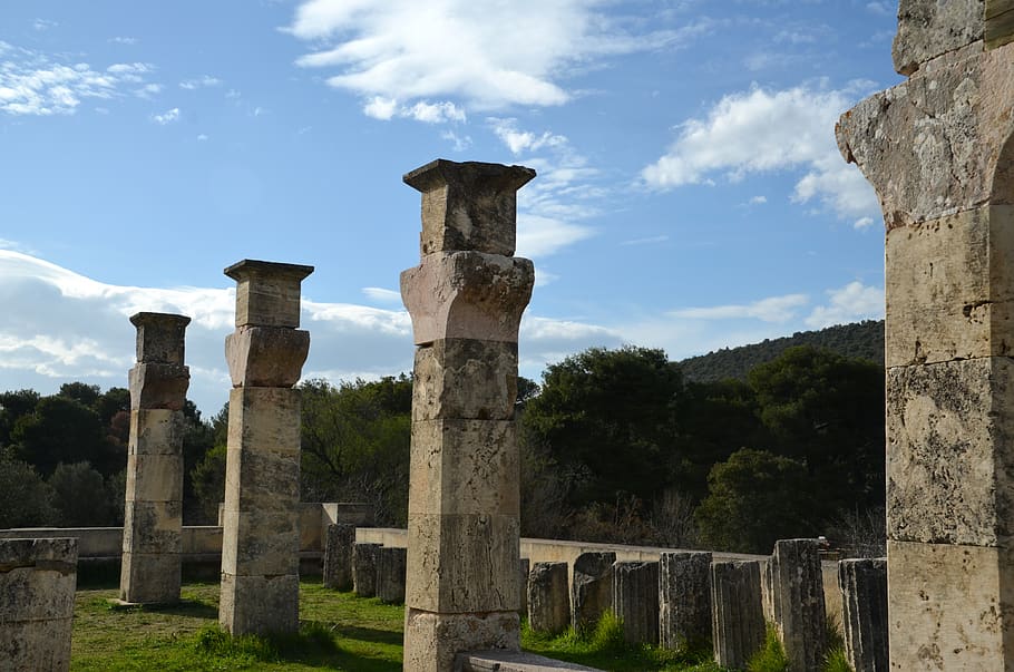 excavation, greece, antiquity, temple, peleponnes, olympia, archaeology, pillar, sky, cloud - sky