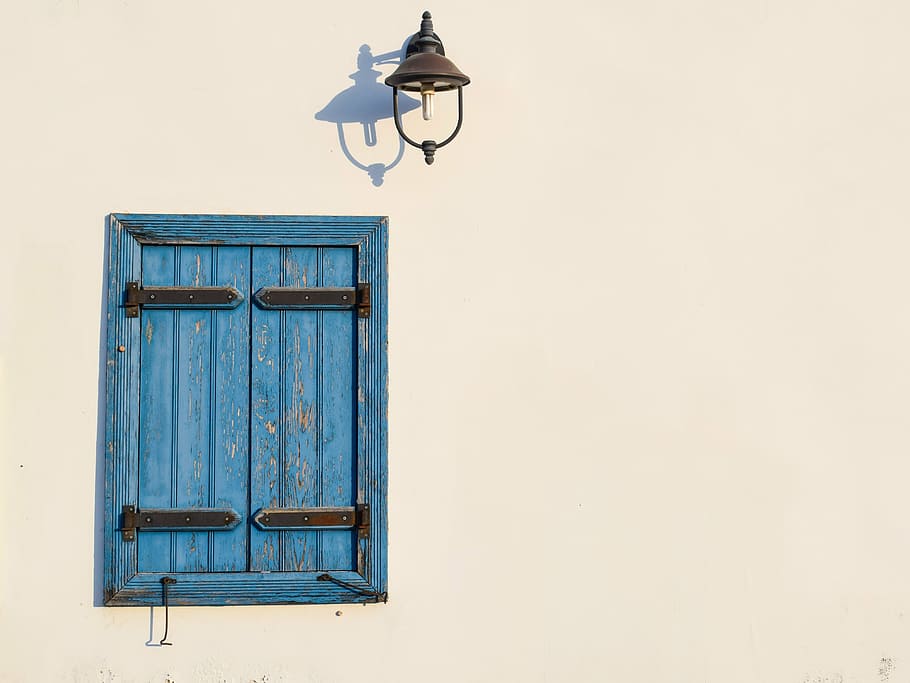 closed, blue, wooden, window, brown, sconce, lamp, wall, white, architecture