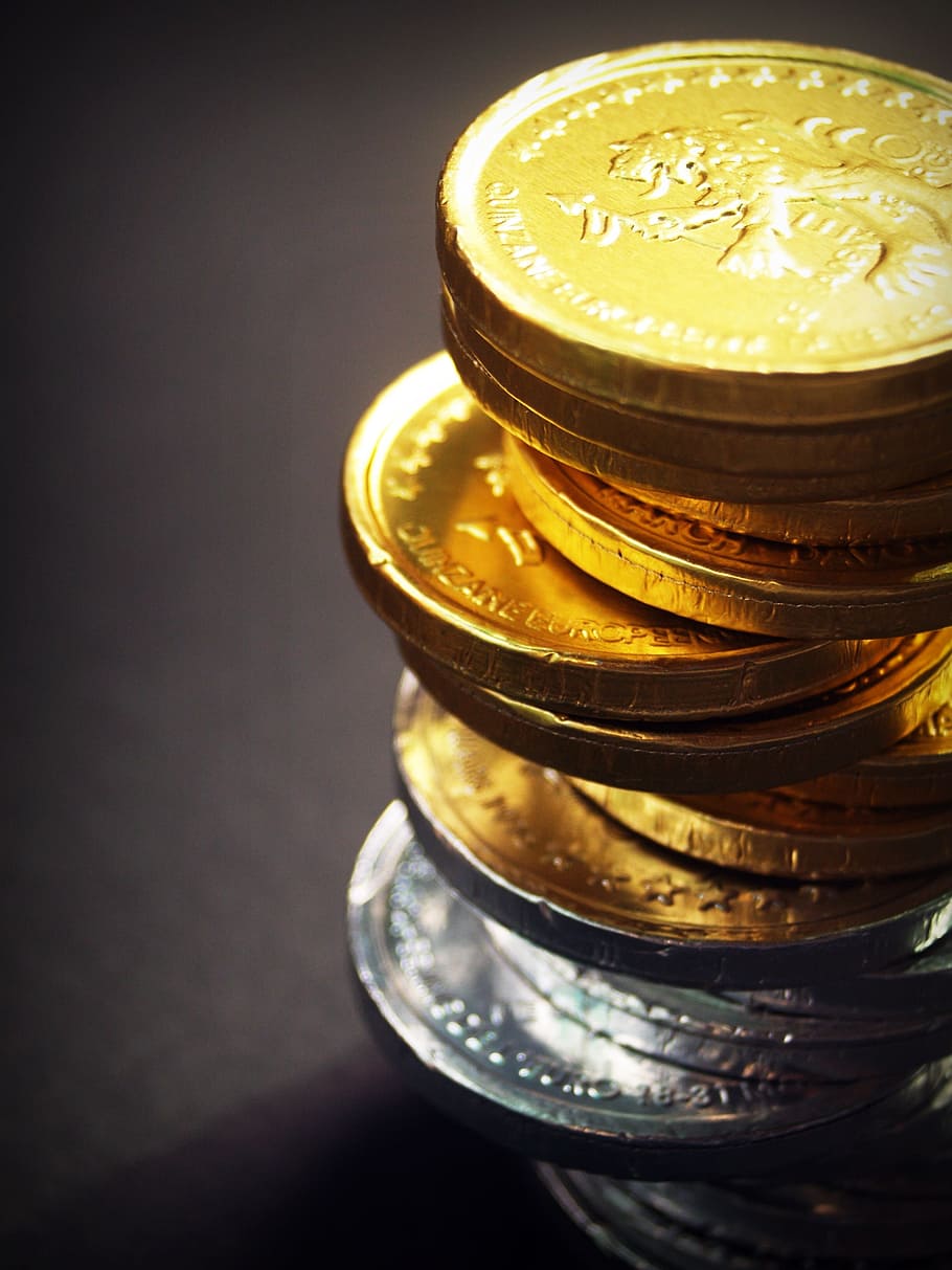 Pila, oro, monedas de chocolate de plata, monedas, efectivo, aislado, torre, economía, tasa, negocios