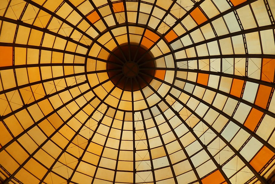 roof, glass, orange, mosaic, pattern, ceiling, geometric shape, dome, architecture, circle