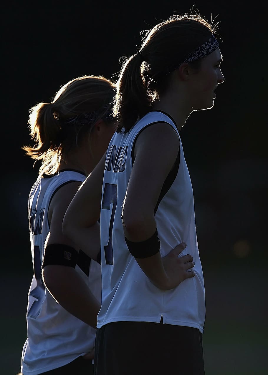 athletes, female, silhouette, field hockey, team mates, young, girl, athletic, outdoor, sunlight