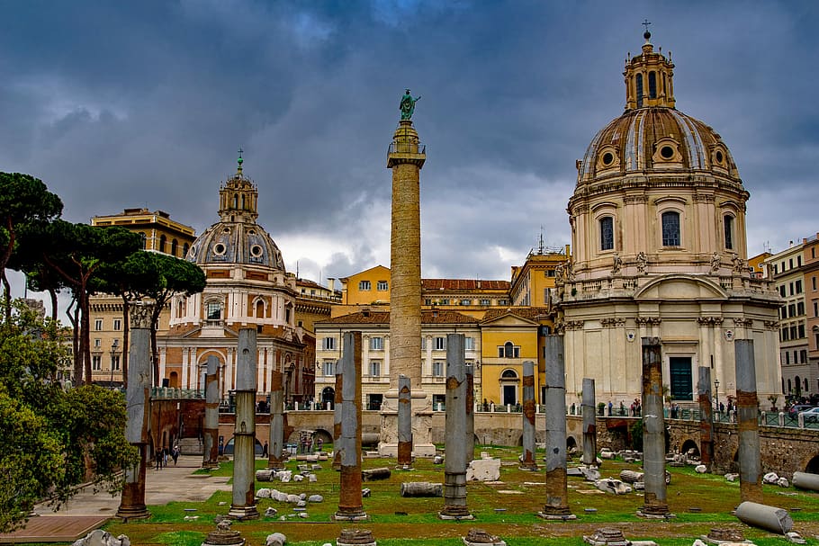 brown, cathedral, blue, sky, daytime, trajan, column, dome, church, roman