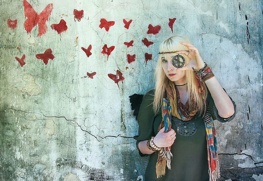 woman, wearing, gray, shirt, standing, hippie, butterflys, colour, happy, hippy