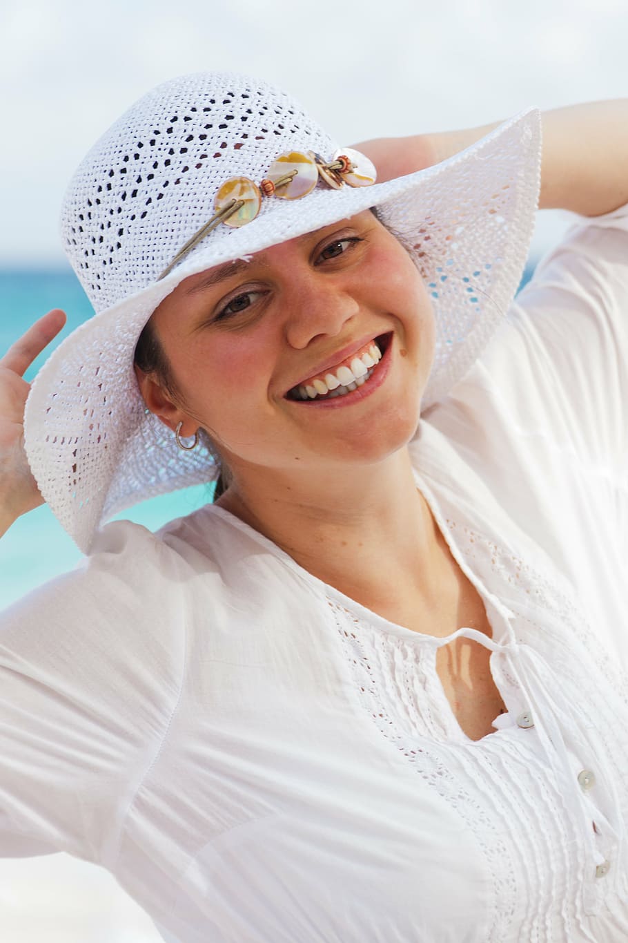 smiling, woman, wearing, white, sunhat, pullover button-up blouse, female, sea, hat, beach