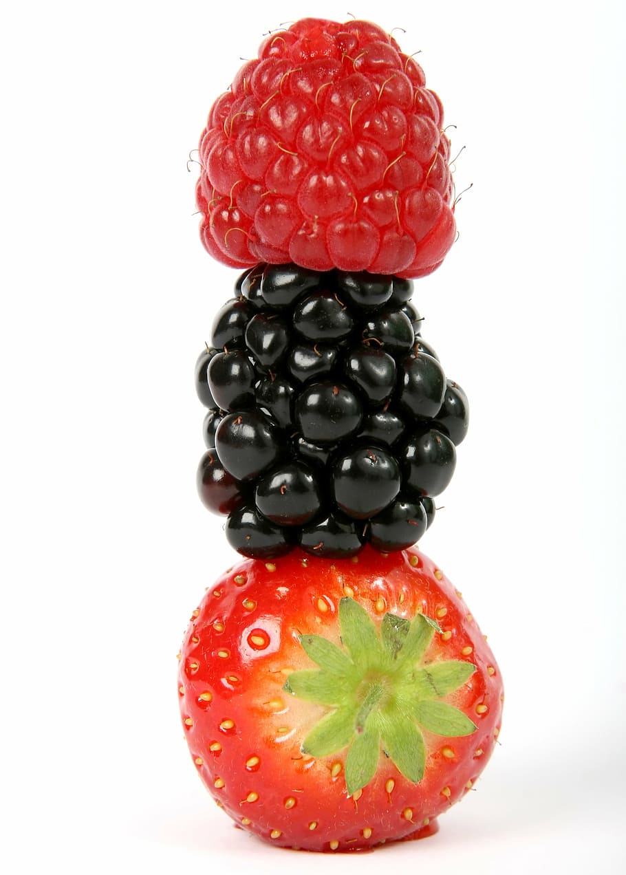 three, berries, stacked, white, background, berry, black, blackberry, blueberry, breakfast