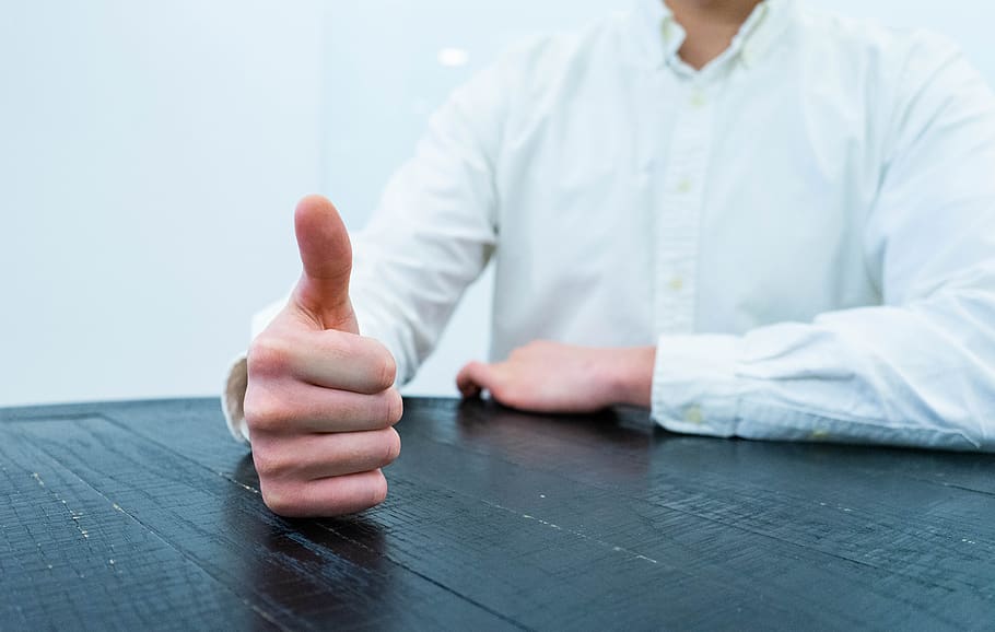 thumbs, business, man, table, gesture, professional, work, concept, approval, positive