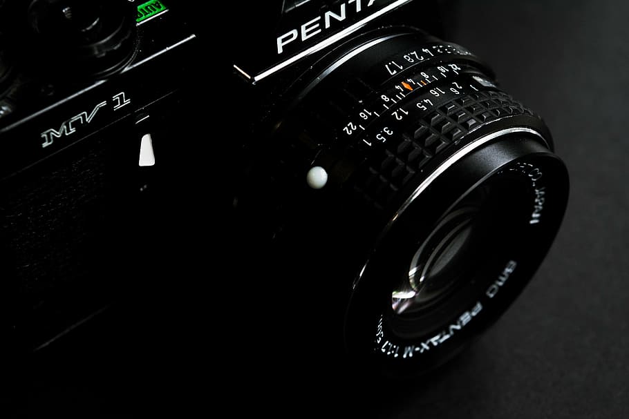 black, pentax point-and-shoot camera, camera, optics, lens, photography, dark, technology, close-up, number