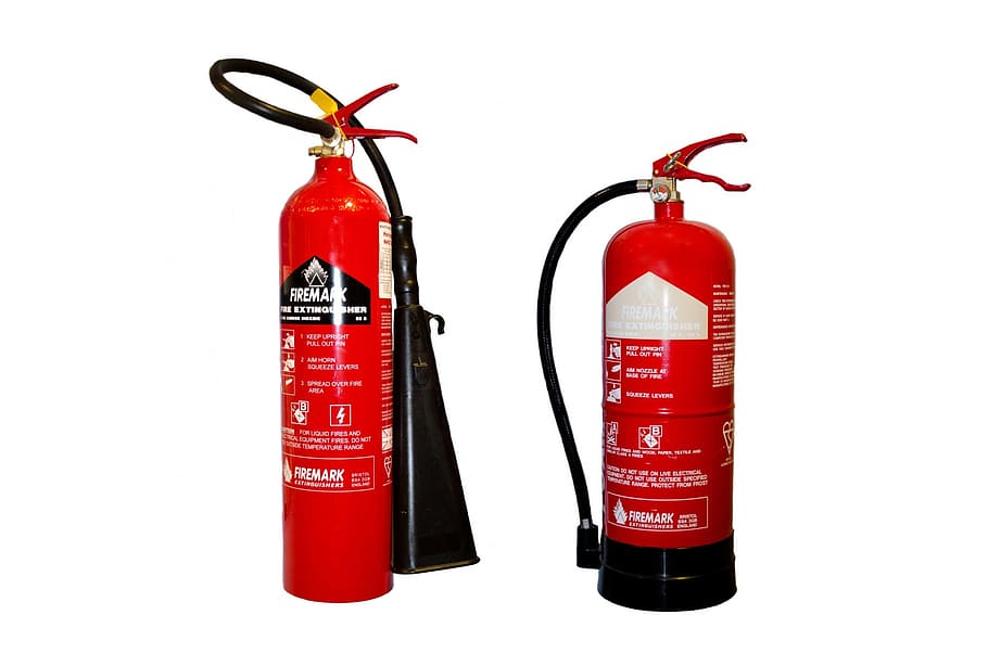 two, red, fire extinguishers, alarm, batch, burning, clear, clipping, container, danger