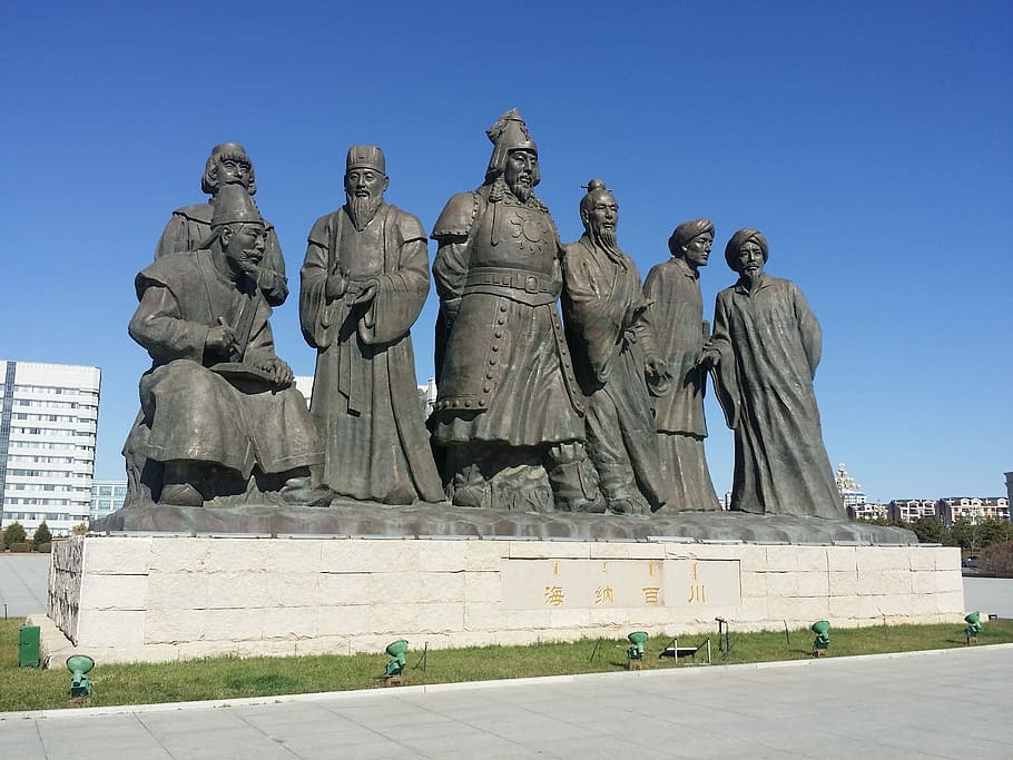 Inner Mongolia, Statue, jingkiseukan, mongolia, genghis khan, male likeness, sculpture, human representation, music, politics