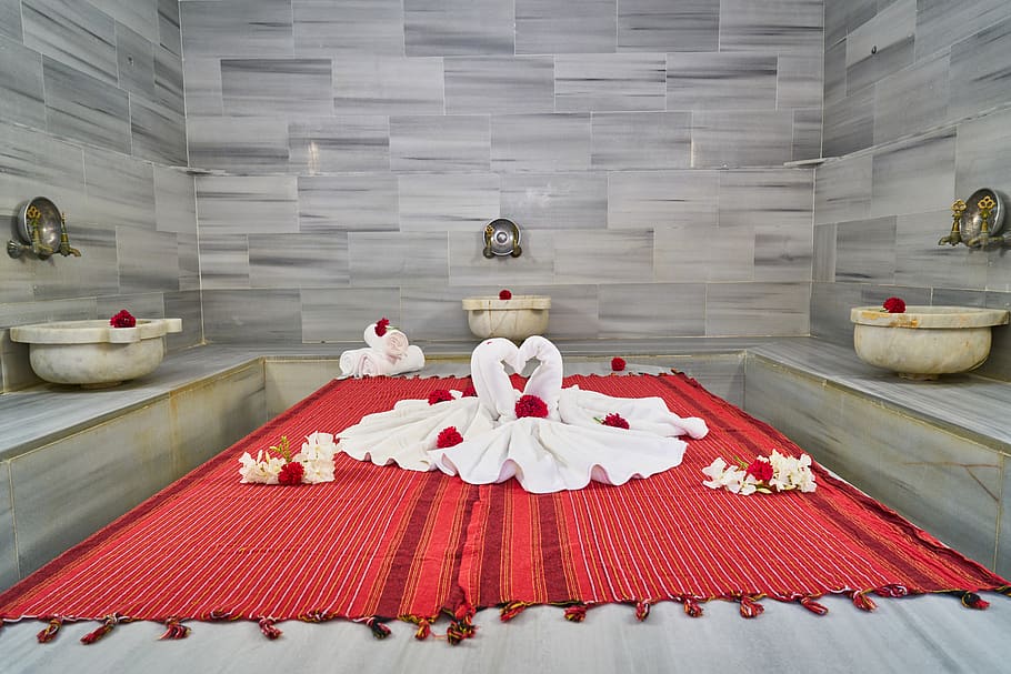 cuarto de baño, baños, toalla, rojo, blanco, tradicional, otomana, mármol, caliente, vapor