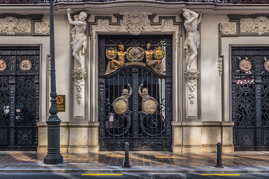 photography, closed, black, metal gate, daytime, valencia, doors, old, architecture, entrance