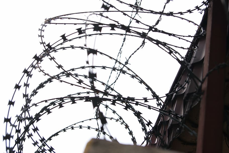 barbed wire, military wire, prison, security, fence, metal, wire, imprisoned, demarcation, close