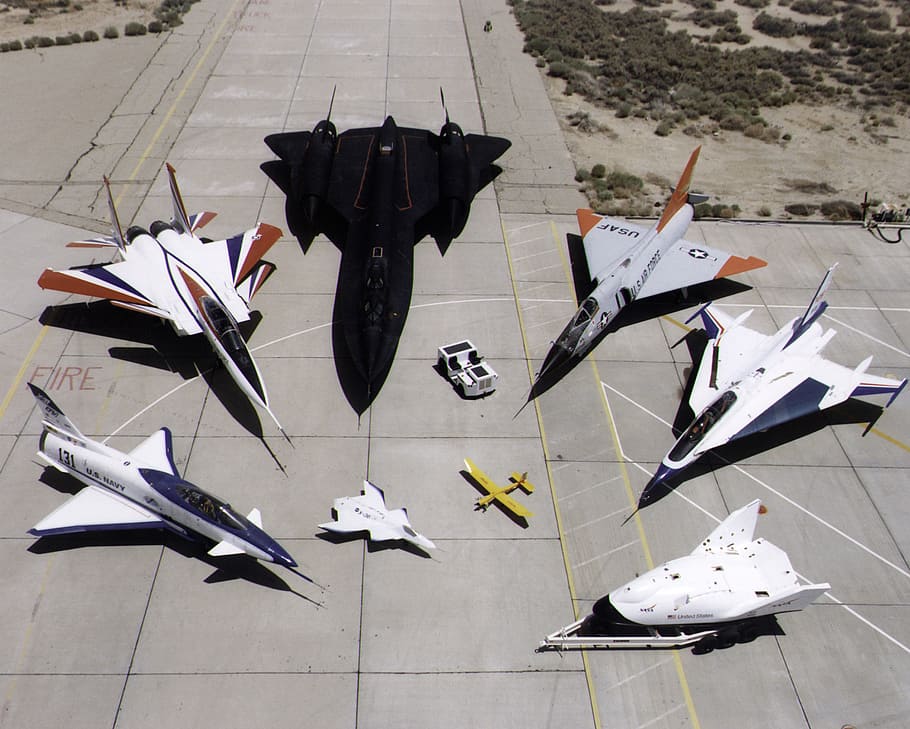 assorted-color war planets, concrete, ground, nasa research aircraft fleet, x-31, f-15, active, sr-71, f-106, f-16xl 2