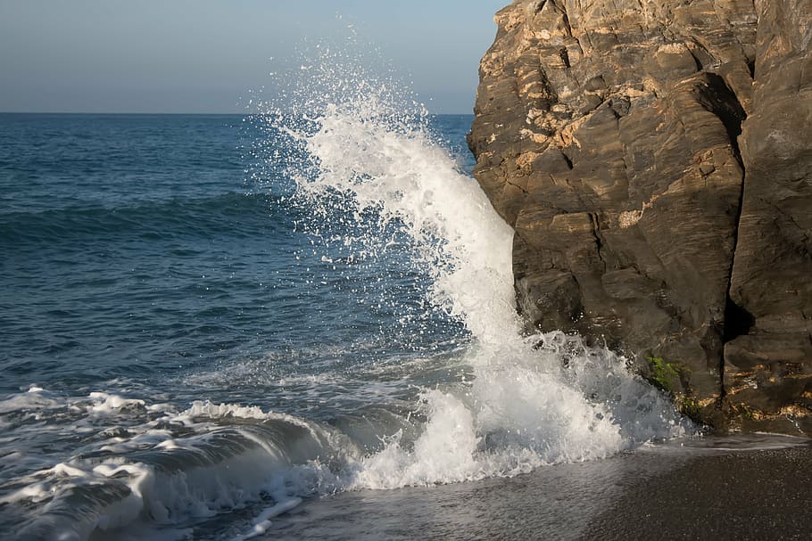 seawaves, smashing, rock formation, sea, wave, breakwater, rocks, foam, water, beach