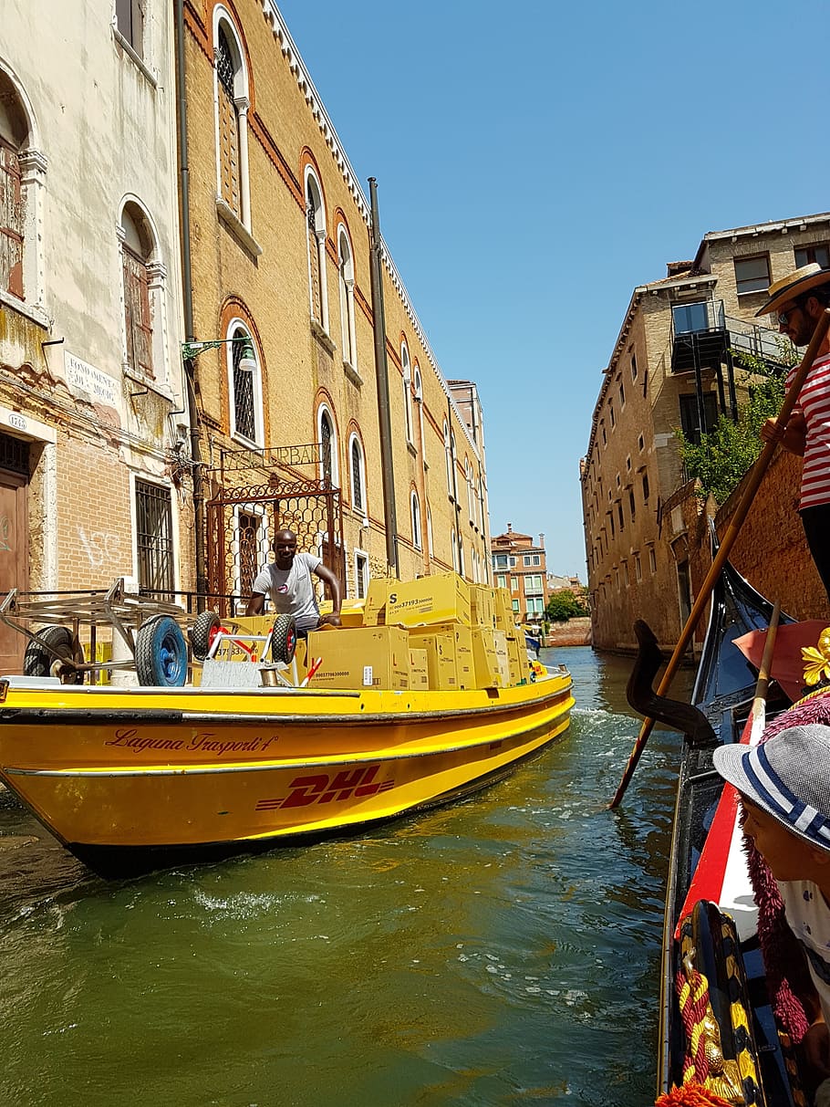 Venecia, góndola, dhl, post, góndola de Venecia, agua, embarcación náutica, modo de transporte, transporte, exterior del edificio