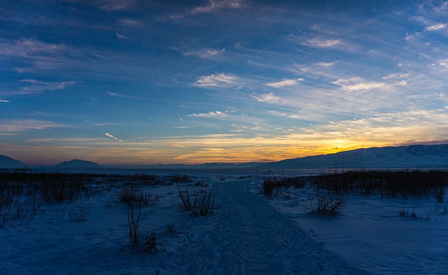 snowy, pathway, blue, sky, sunrise, green, grass, near, mountain, sunset