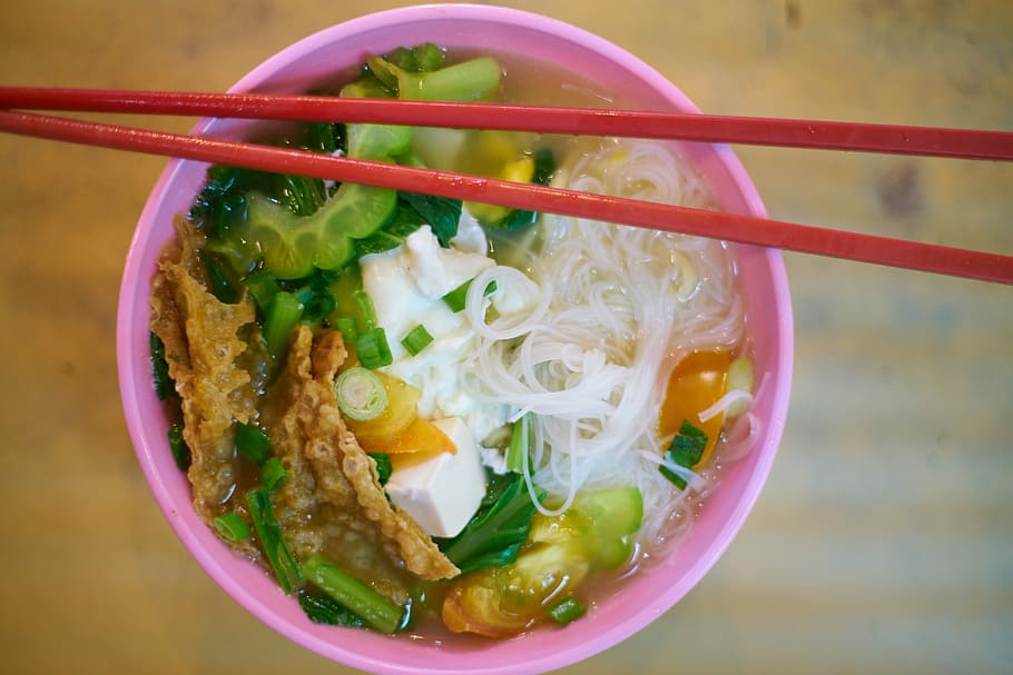 noodle soup, served, pink, bowl, ramen, food, asian, vegetable, juicy, hot