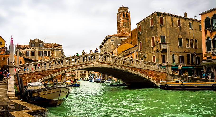 Gente, de pie, puente, Venecia Italia, Gran Canal, Canal Grande, Venecia, Italia, canal, agua