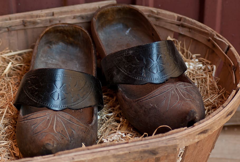 clogs, shoes, field, peasant, indoors, still life, close-up, shoe, container, wood - material