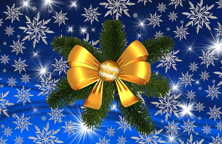 green, yellow, ribbon wreath, christmas, star, snowflake, winter, celebration, ornament, shiny