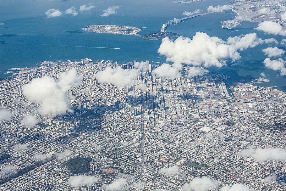 Antena, vista, vista aérea, área de la bahía de San Francisco, área de la bahía, California, ojo de pájaro, ciudad, paisajes urbanos, nubes