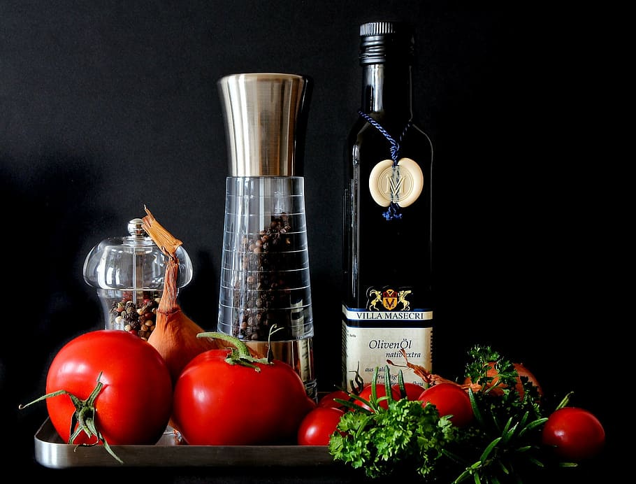 black, glass wine bottle, red, tomatoes, stainless, steel tray, mediterranean, food, eat, cook