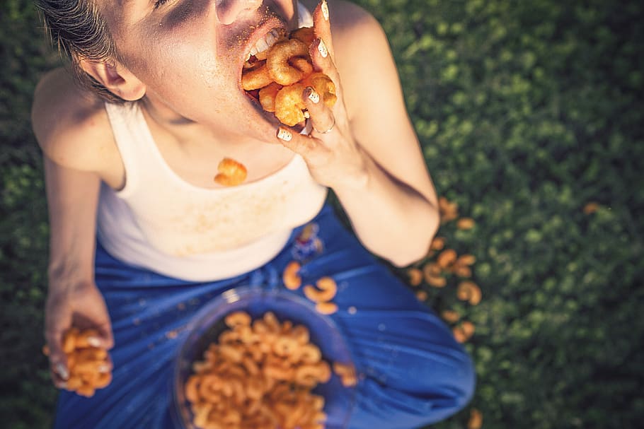 woman, eating, mouthful, chips, people, whimsical, lazy, cheese, curls, stuffing