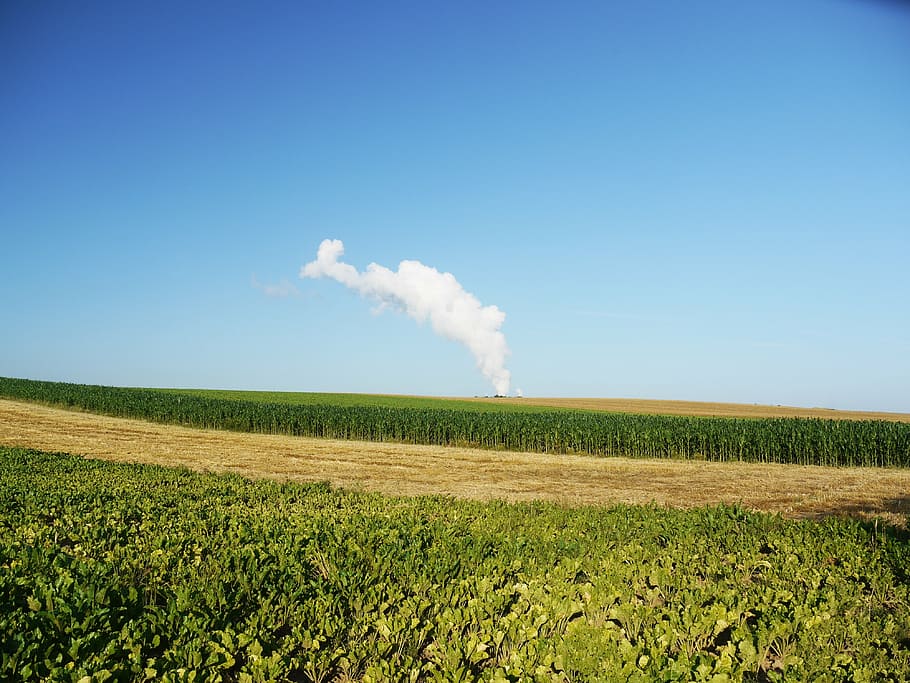 smoke, flag, nature, vs, technology, fields, agriculture, nuclear power plant, sky, morgenstimmung