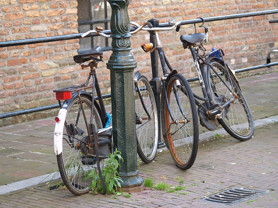 Bicicleta, Holanda, Países Bajos, Amsterdam, ciudad, carretera, callejón, linterna, barandilla, lámpara