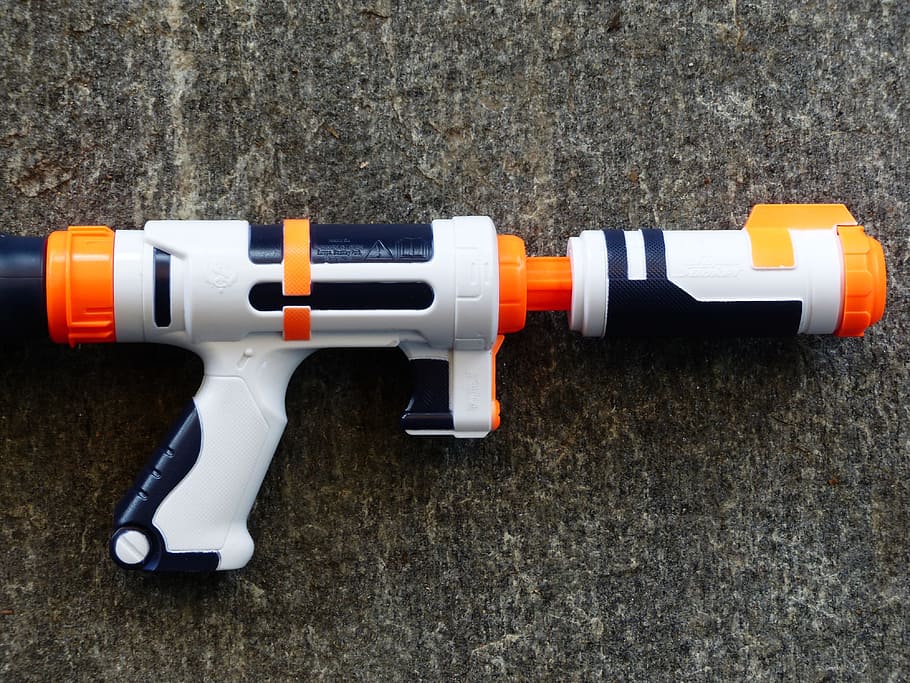 white, black, orange, nerf blaster, Water Gun, Spray Gun, Pistol, Toys, child, play