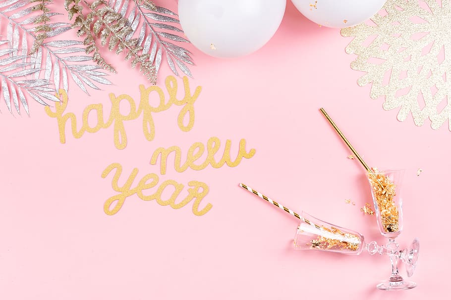 ano novo, plano de fundo, festa, rosa, champanhe, ouro, decoração, decorações, flatlay, cópia