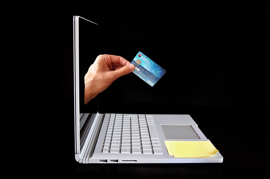 online, compras, crédito, cartão, computador, mão, comércio eletrônico, dinheiro, tecnologia sem fio, mão humana