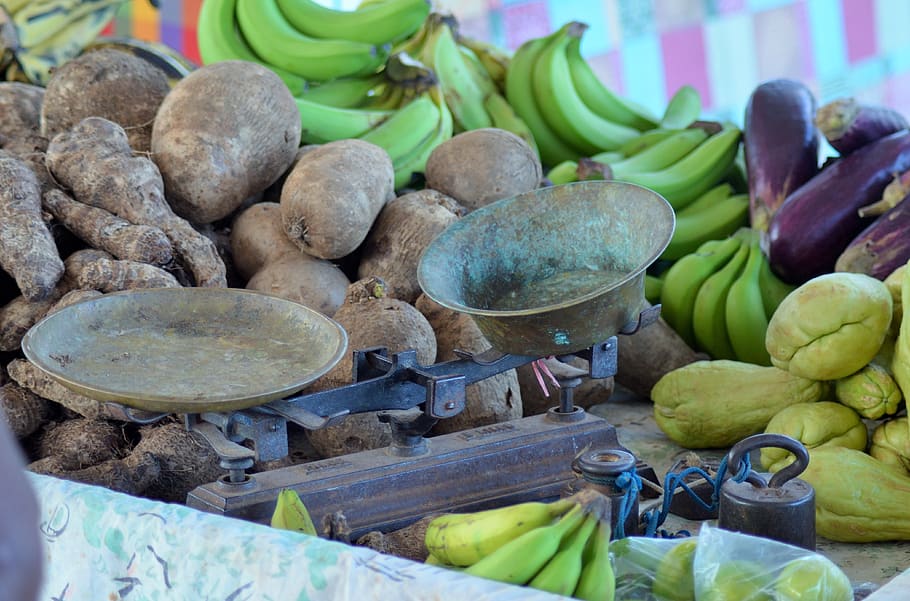 equilibrio, mercado, frutas, verduras, fondo, exótico, poder, propagación, plátanos, frutas exóticas