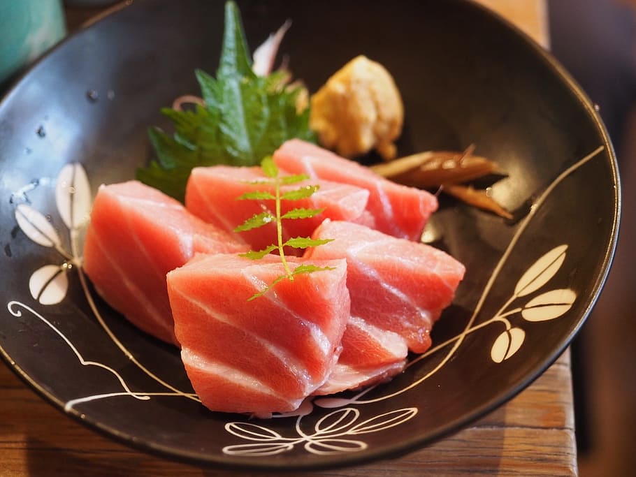 salmon sushi dish, brown, ceramic, plate, sashimi, food, seafood, tuna, cuisine, japanese