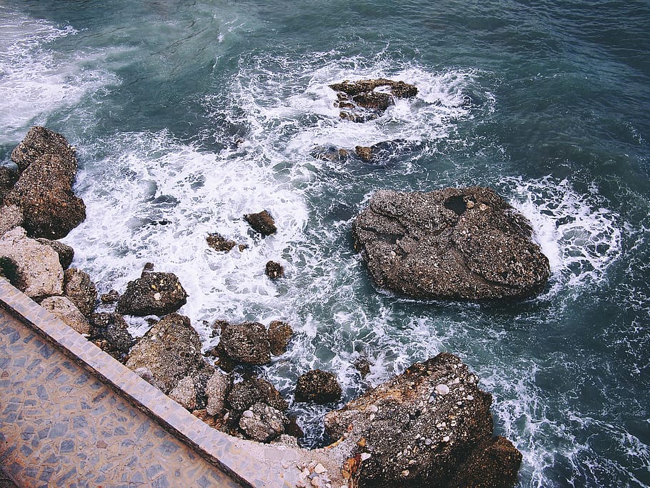 ocean, sea, waves, water, rocks, boulders, coast, path, motion, rock
